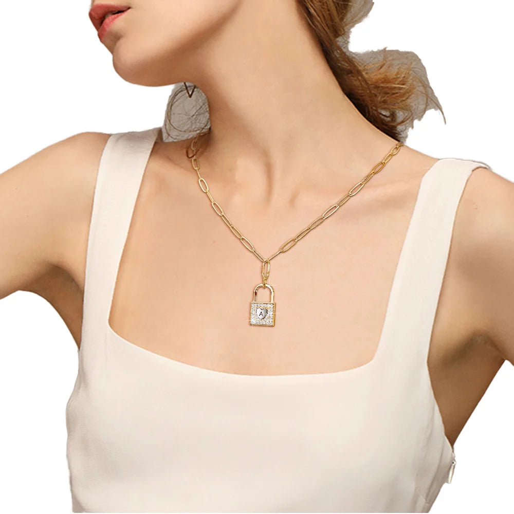 Trendy Gold Plating Initial Alphabet Zircon Necklace Heart-Shaped Letter Lock Pendant for Women Girls Made Brass Sweater Chain