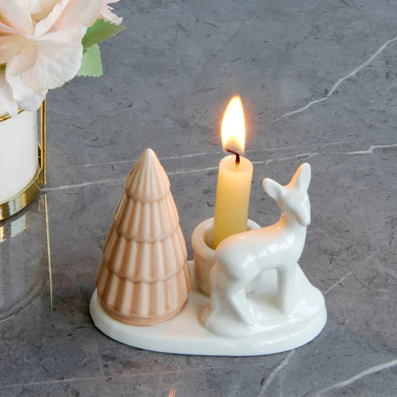 Decorative Hot Sale Christmas Style Ceramic White Candle Holder With Reindeer and Tree for Home