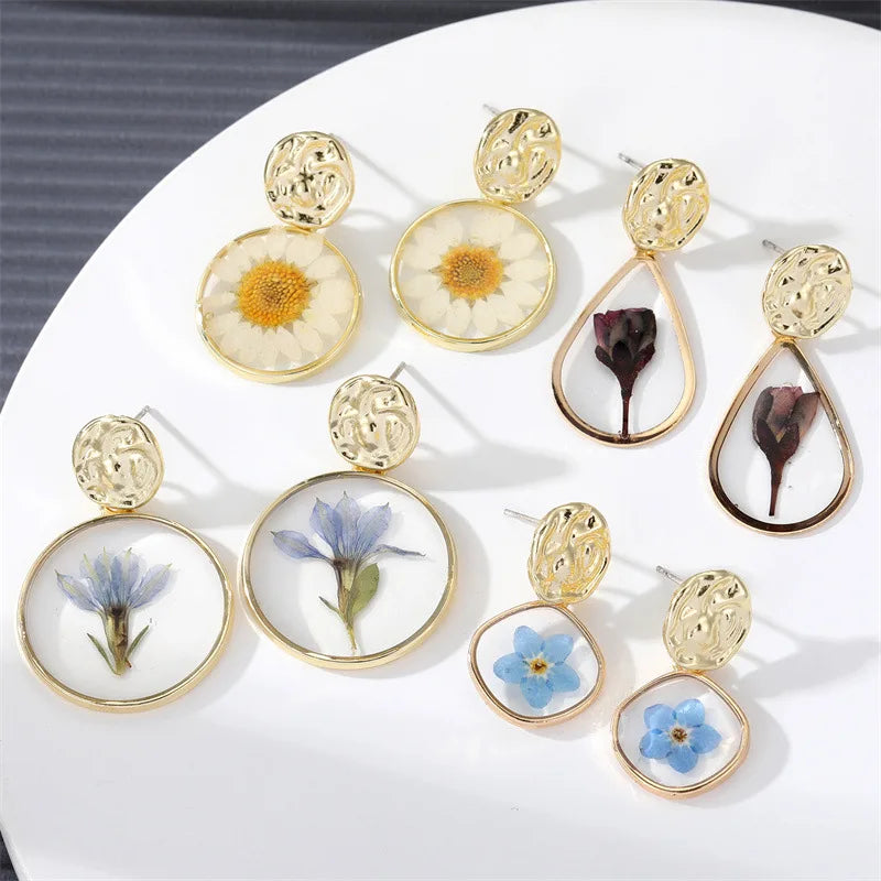 Tongxin New Color Dried Flower Earrings Cute Daisy Irregular Flower Earrings Jewelry Gift