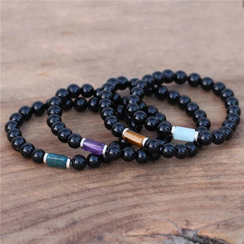 Manufacturers Vintage 8mm Black Agate Cylinder Natural Stone Beads Gemstone Elastic Bracelet Healing Crystal for Women Jewelry
