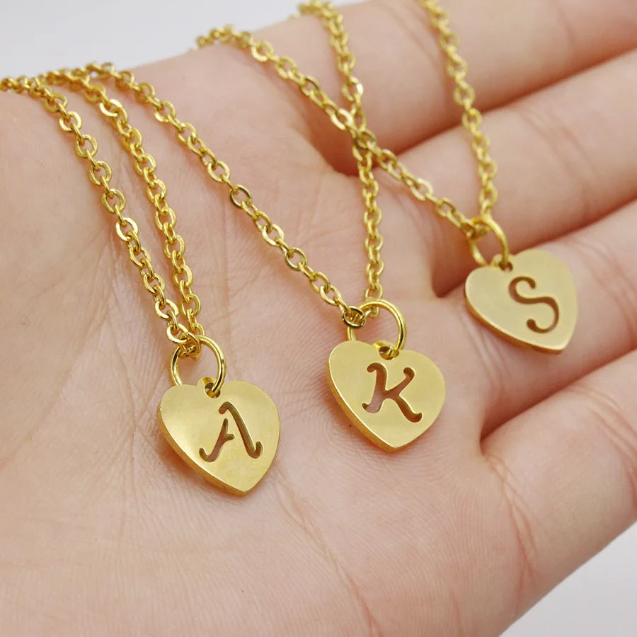 Bulk Initial 26 Letters Heart Hollow Out Pendant Necklace for Women Wholesale Titanium Stainless Steel Chain Fashion Jewelry