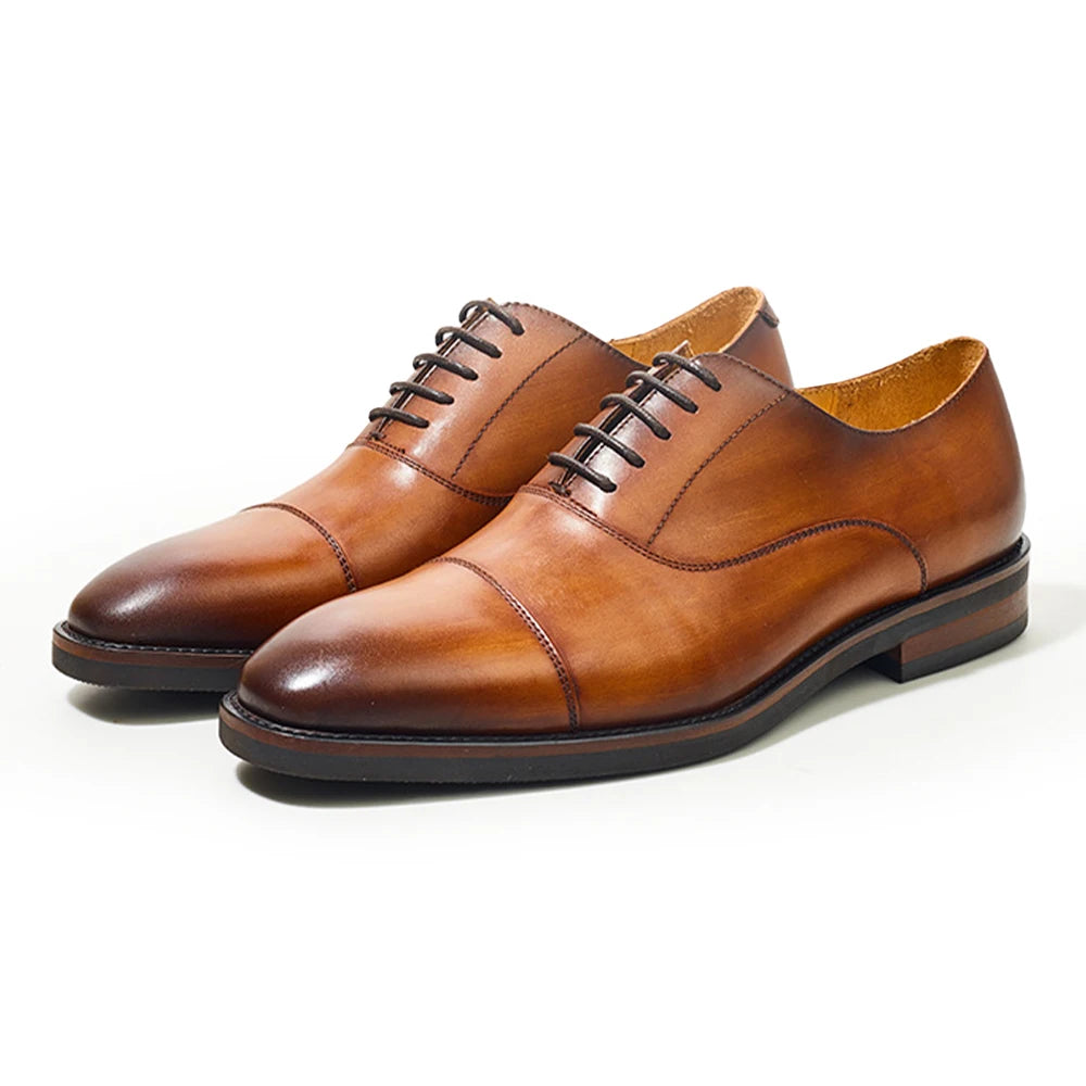 Men's Goodyear Handmade Shoes England Square Head Business Formal Genuine Leather Shoes Three-Joint Brown Oxford Dress Shoes