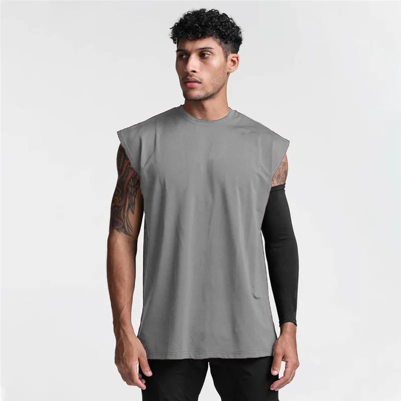 Custom Private Label Men's Cotton Knitted Casual Sleeveless Workout Tank Top Oversized Cut-Off Fitness Gym Quick Dry Breathable