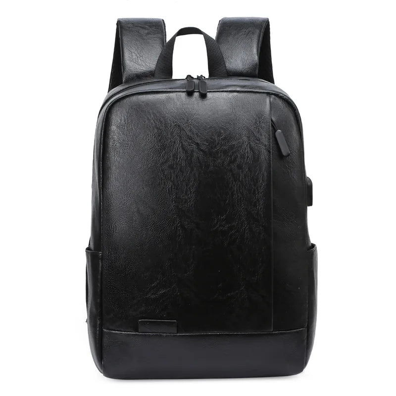 2026 Top Seller Fashionable Black PU Leather Laptop Backpack with USB Port for Outdoor Travel by Men