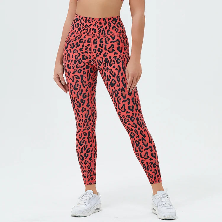 Wholesale Workout Gym Leggings Fitness Yoga Pants Leopard Print Trousers With Pockets for Women