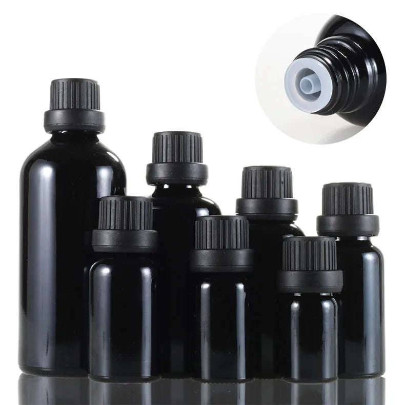 High Sense Empty 5ml 10ml 15ml 20ml 30ml 50ml 100ml Black Essential Oil Aromatherapy Glass Bottles with Kid-proof Lids