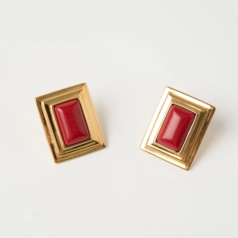 High End Luxury 18k Gold Plated Stainless Steel Simple Red Square Agate Earrings for Women