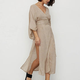 Manufacturers New Ladies Spring V Neck Slit Wrap Dresses Home Loungewear Robe Women 2024 Cotton Night Dress for Customs Clothes