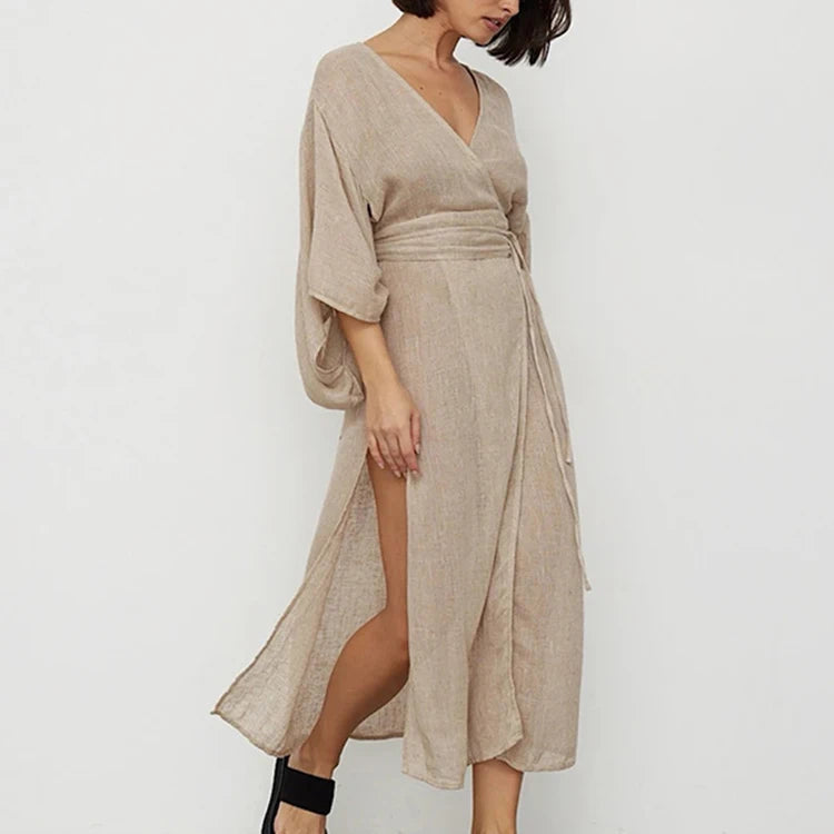 Manufacturers New Ladies Spring V Neck Slit Wrap Dresses Home Loungewear Robe Women 2024 Cotton Night Dress for Customs Clothes