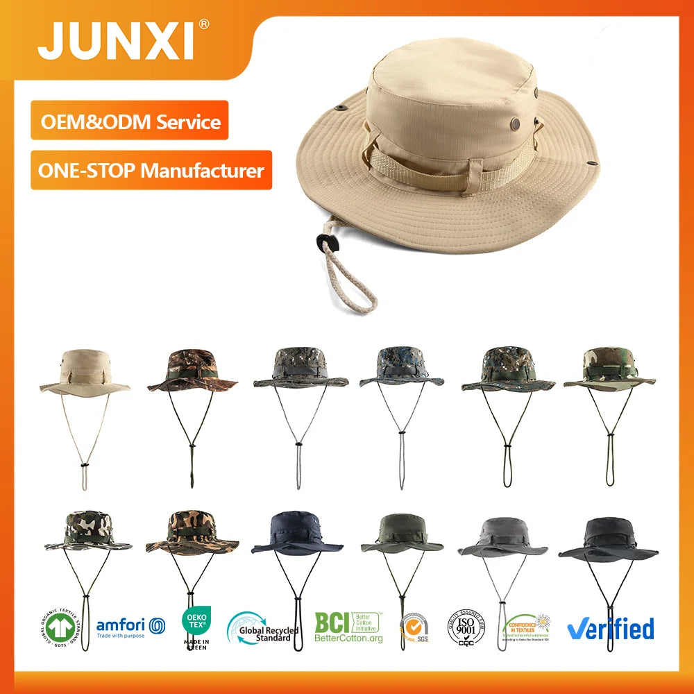 Custom Men's Unisex Plain Boonie Hats Fabric Outdoor Summer Fishing Climbing Cap Wide Brim String Printed Fisherman Bucket Hat