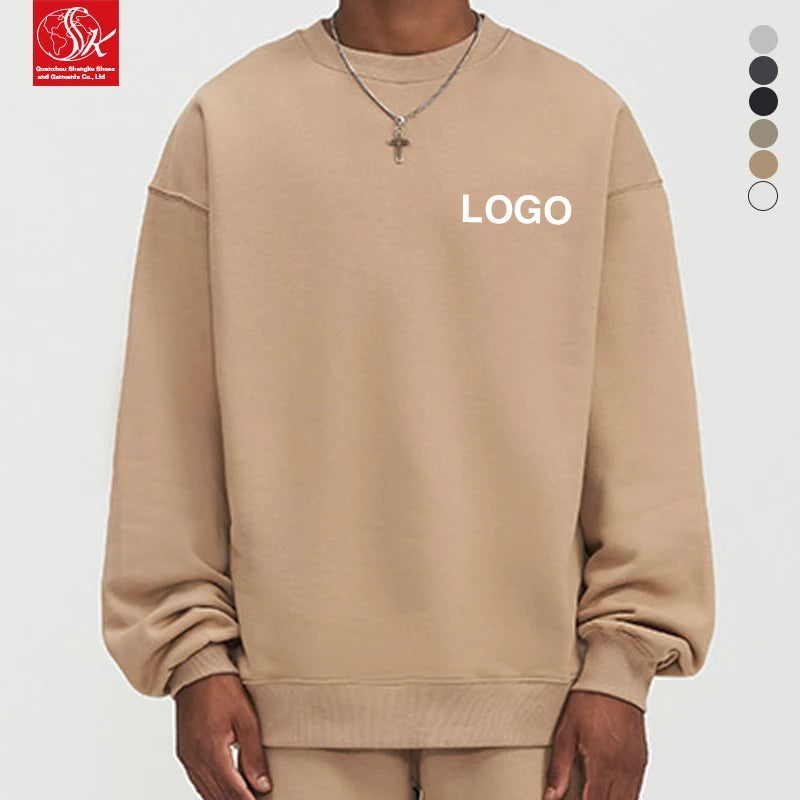 Men's Premium 380G O-Neck Crew Neck Fleece Shirt Distressed Winter Knitted Solid Color Streetwear Heavy-Duty Pullover