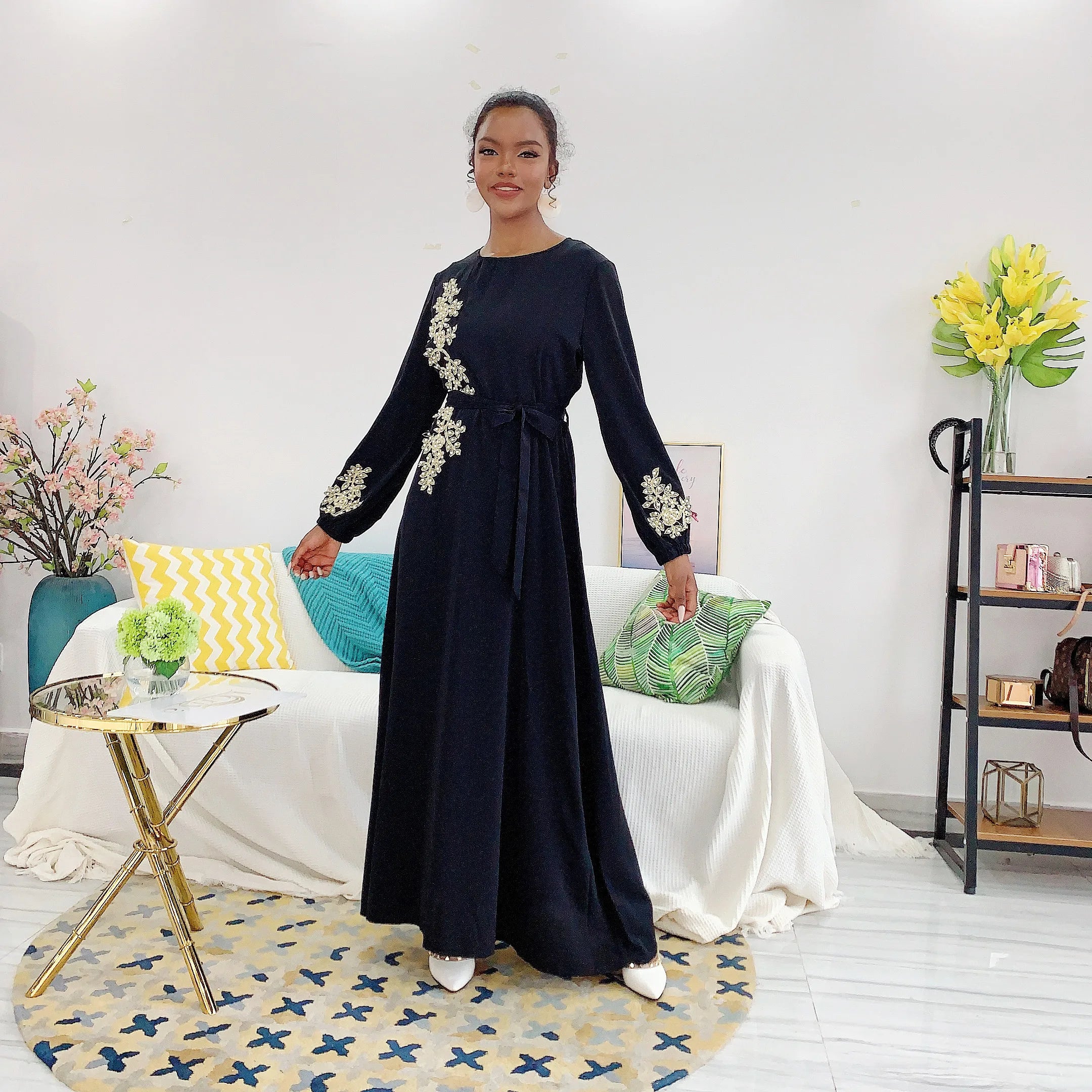 New Arrival EID UAE Abaya Dubai Turkey Arabic Muslim Fashion Dress Islamic Clothing Polyester Long Sleeve