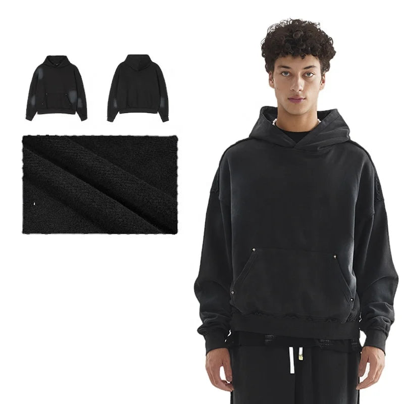 Men's High Quality Winter Hoodie Loose Solid Print Puff Pullover Wide Hooded Collar Casual Regular Washed Terry 50% Cotton