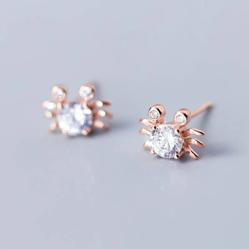 925 Sterling Silver Small Cute Animal Crab Shape Earings Rose Gold Plated Cubic Zirconia Stud Earrings Fashion Jewelry for Women