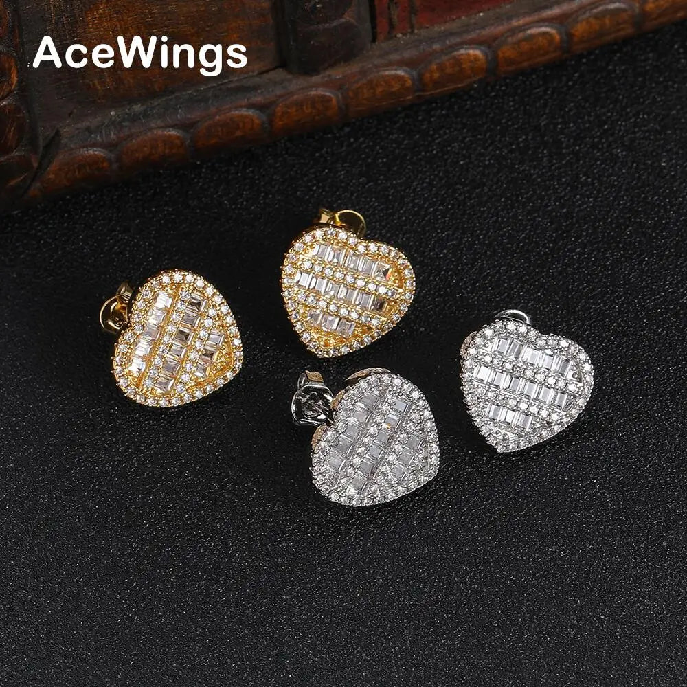 E065  Bling Bling Stud Earrings Brass CZ Heart Earrings Fashion Jewelry for Women Iced Out
