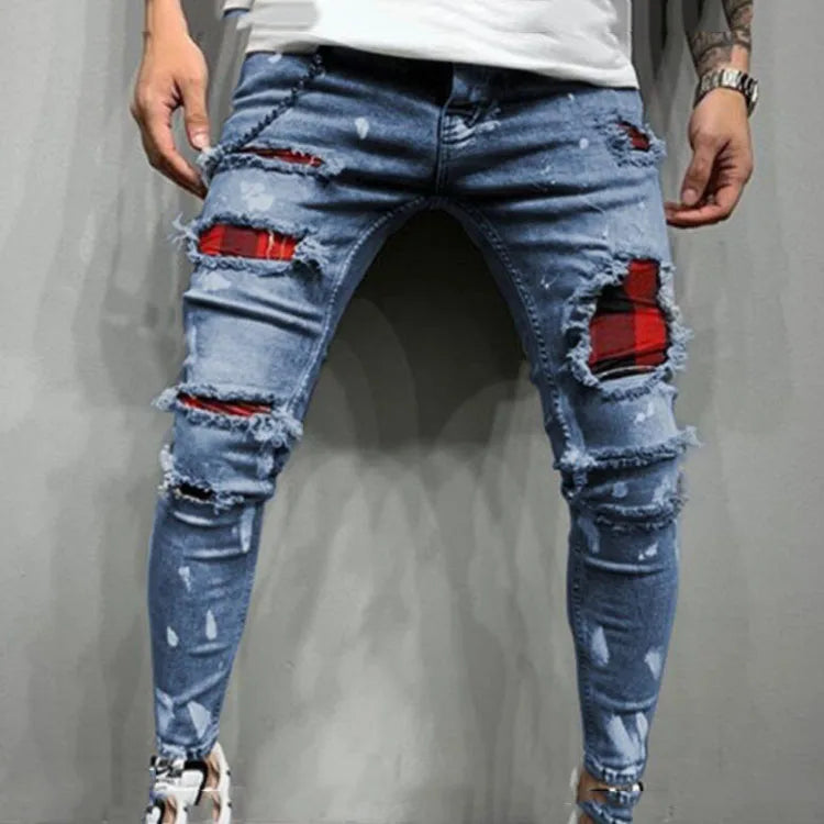 High Quality Men's Sexy Hole Vintage Boot Cut Ripped Casual Slim Biker Jeans Winter Pants