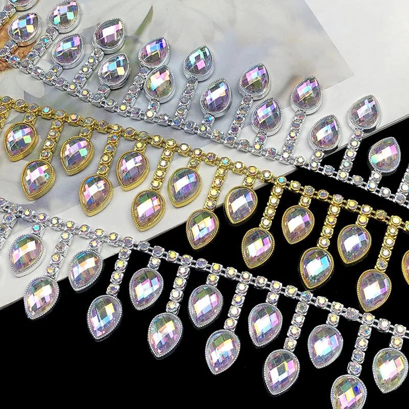 Diy Ethnic Costume Decorative Sewing Trimming Ribbon Gold Silver Plating Acrylic Chain Teardrop Crystal Rhinestones Textile Lace