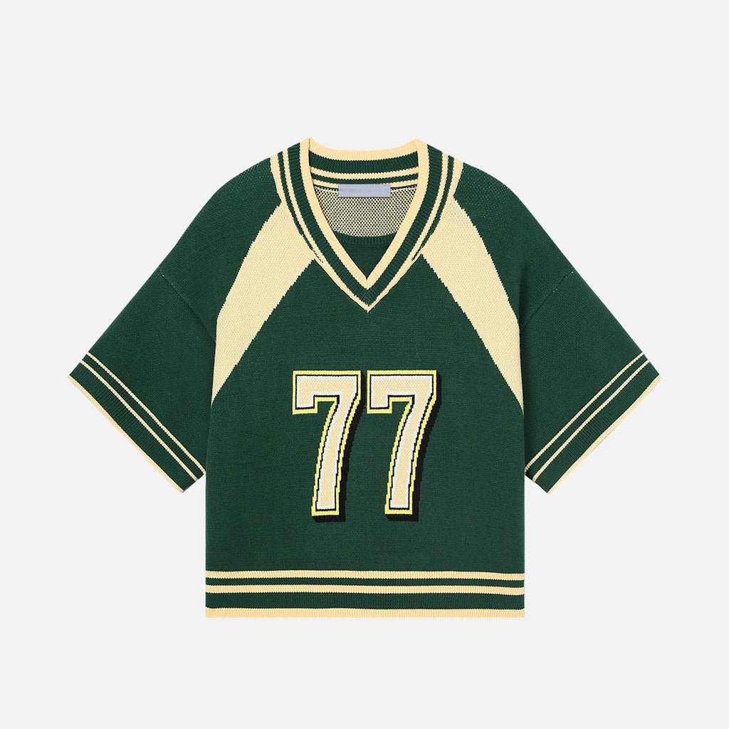 Wholesale Custom Applique Number Multi-Texture Knit Jersey Women's Blokecore Cropped V-Neck Sweater