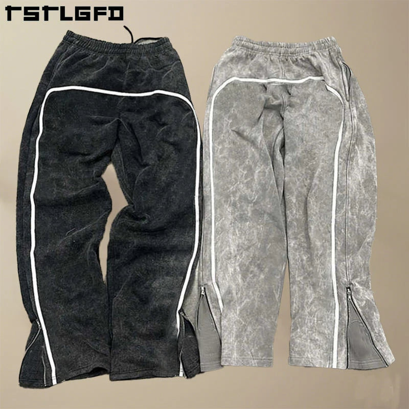 OEM Wholesale Distressed Sun Faded Screen Printing Logo Washed Vintage Pants Acid Washed  Open Hem Stripe Sweatpants for Men