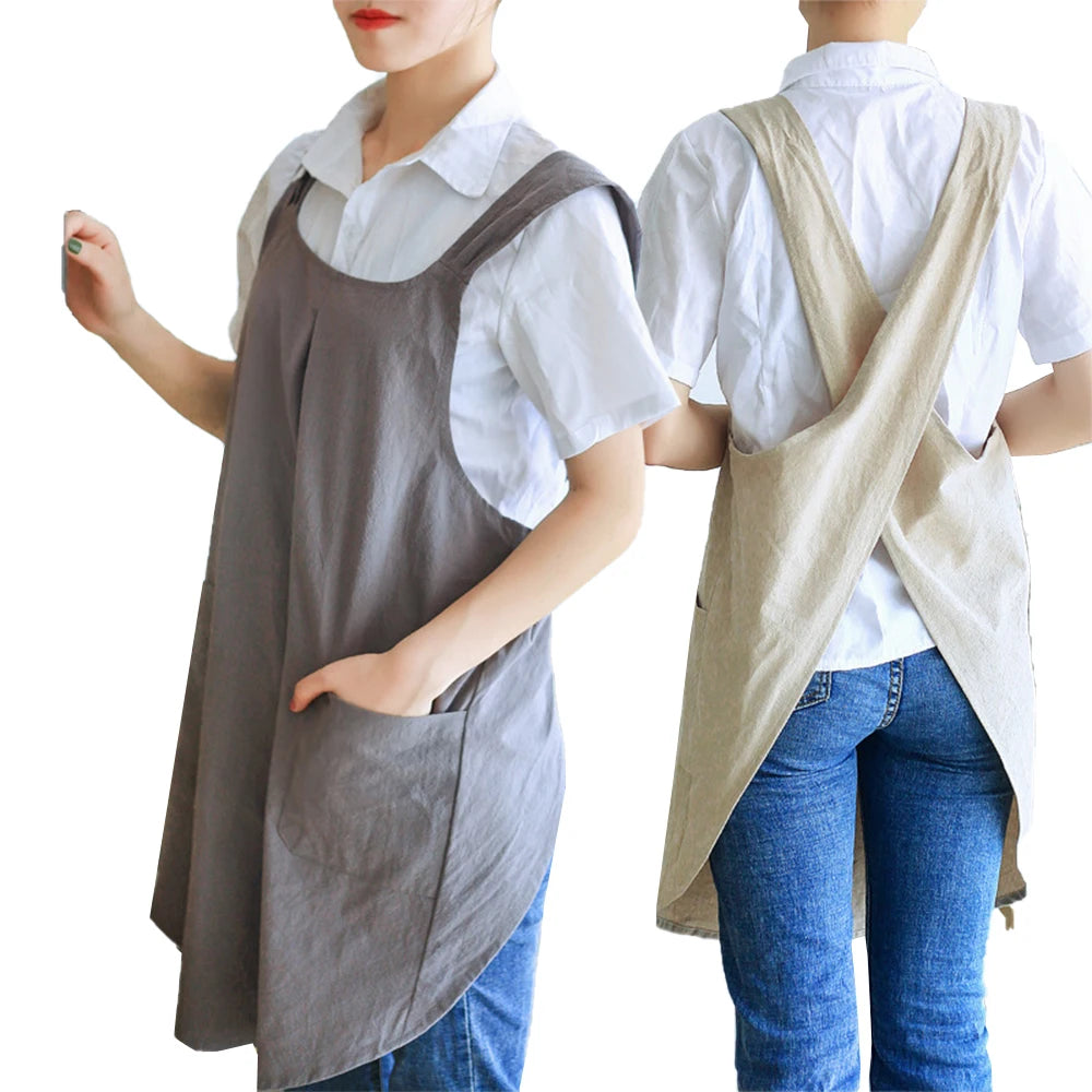 Heyuan Custom Logo Khaki Japanese Cotton Linen Coffee Flower Florist Artist Work Bib Cross Back Apron