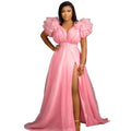 Liu Ming Luxury Fashion Women Sexy Deep V Neck Short Sleeve Plus Size Ruffles Ball Gowns Birthday Long Party Maxi Dress