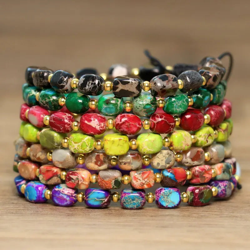 Irregular Stone Bracelet for Women Handwoven Rainbow Imperial Jasper Pink Opal Yoga Healing Dainty Beaded Bracelet Jewelry