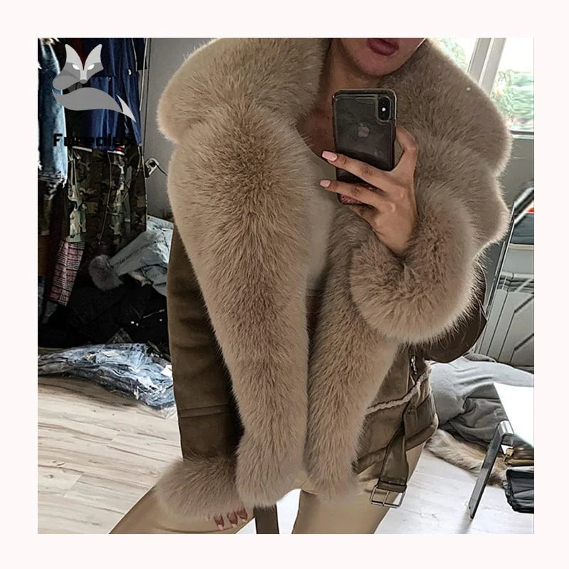 Hot Sales Luxury Real Fox Fur Coat Women Plus Size Genuine Leather Jacket With Fur