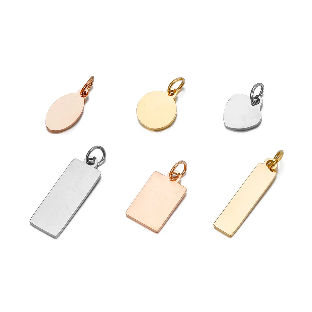 Chihang 316L Stainless Steel Jewelry Findings Charms Heart Oval Round Rectangle Shape Plain Logo Tags for Branding