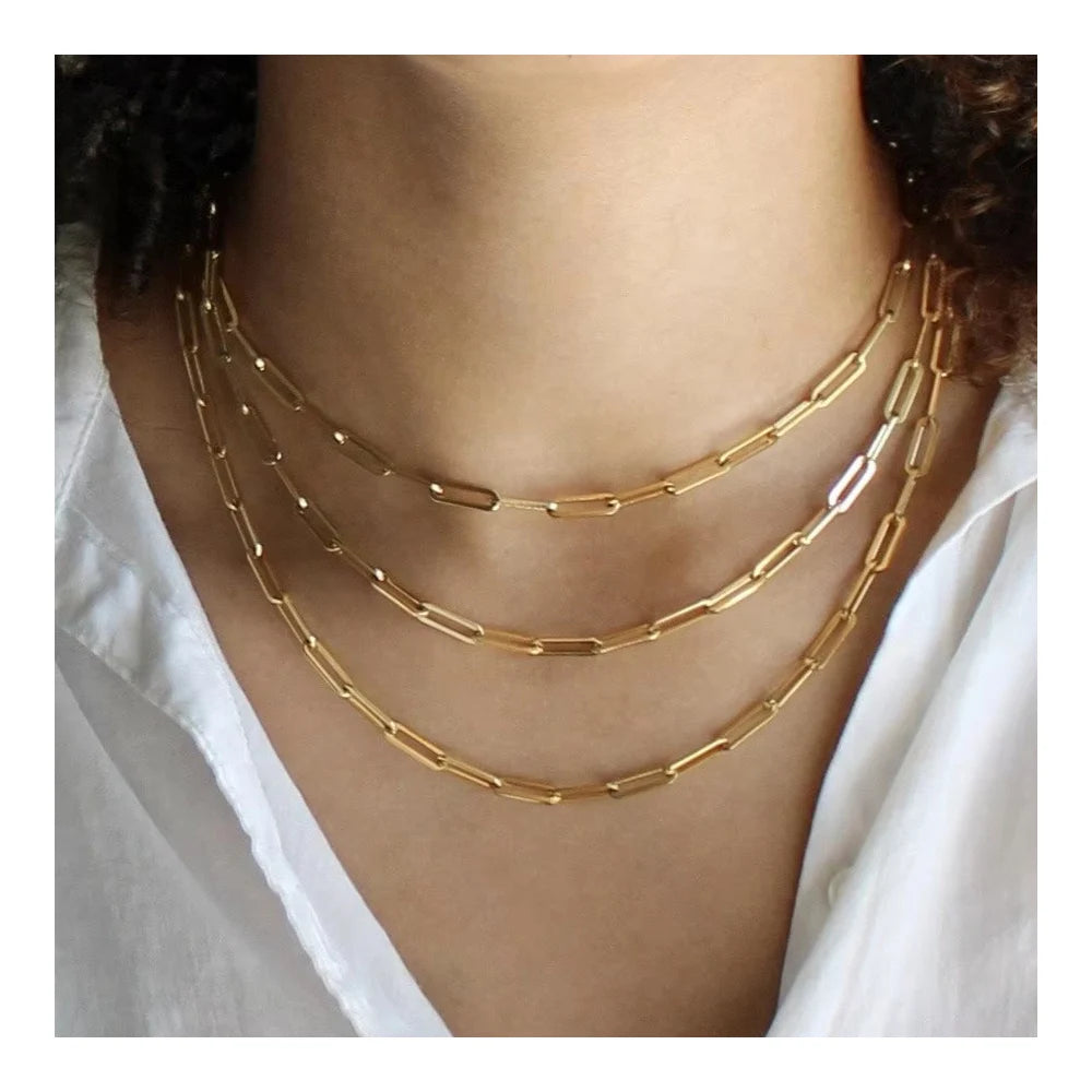 2024 Custom Women 18K Gold Plated Paper Clip Chain Necklace Stainless Steel Rectangle Long Link Paperclip Choker Necklace