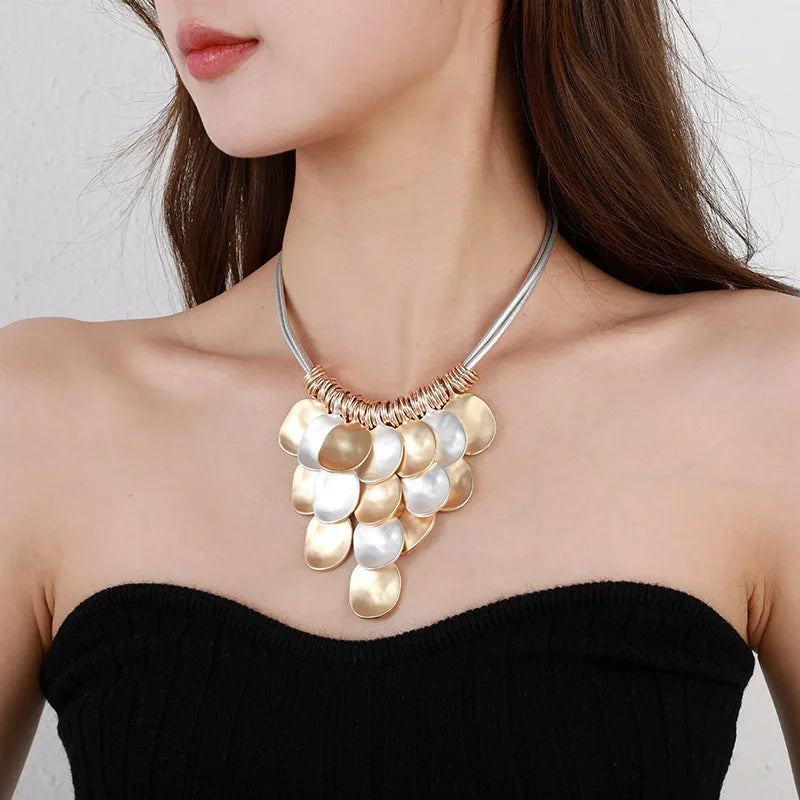 Silver Gold Colored Circle Charms Grey Cord Short Choker Necklace for Women