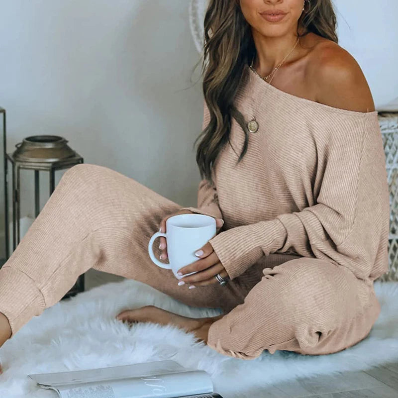 Women's Casual Outfits-Autumn Winter 2pcs Top & Wide Leg Pants Set Knitted Pullover Shoulder With Comfortable Pullover Style