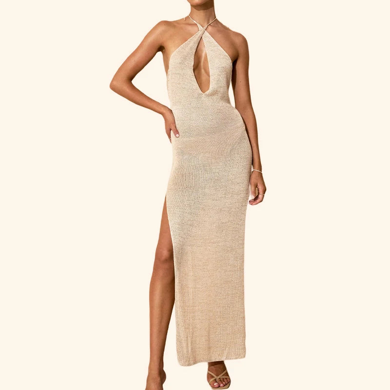 Women's Sexy Crochet Dress Halter Backless Knitted Hollow Out Midi Length Casual Summer Split See-Through Cut-Out Halter Dresses