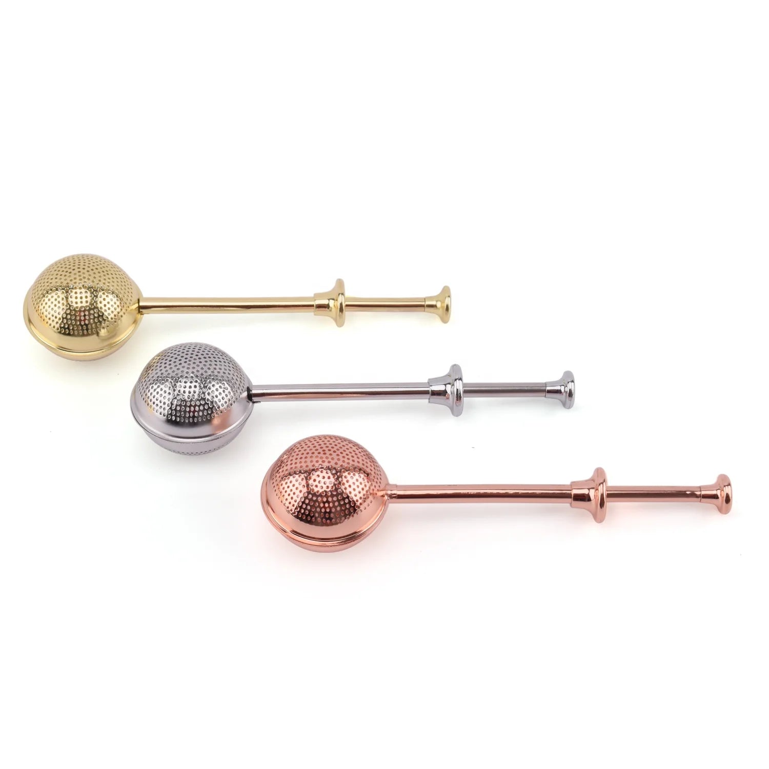 China Factory Gold Tea Ball Stainless Steel Loose Leaf Tea Infuser with Push Handle