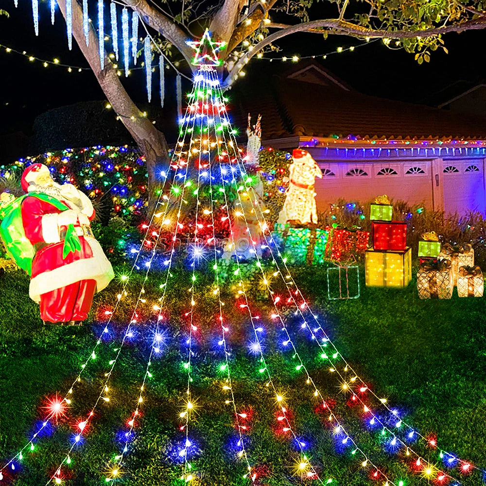 Outdoor Christmas Decorations Solar Star String Light 350LED Star Shape Tree Lights 8 Lighting Modes Yard Festival Party Decor