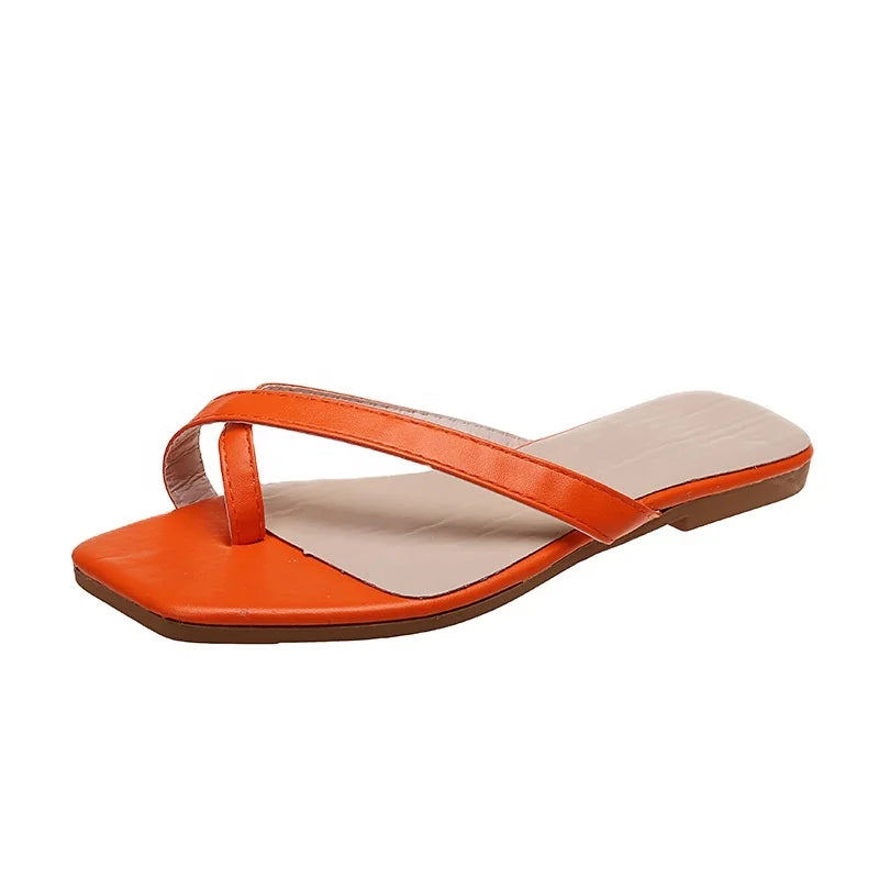 Ladies Summer Orange Flat Casual Sandals PU Leather Women Beach Outdoor Two Thong Slipper with Strap Closure
