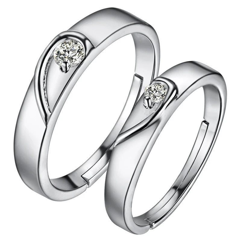 Silver Plated Heart Adjustable Couple Wedding Ring Set