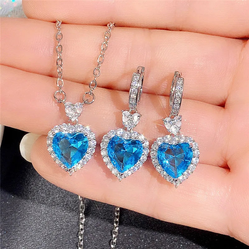 Heart Shaped Blue Pink Necklace Ring Fashion Copper Rhinestone Delicate Trendy TopA Zircon Necklace Set