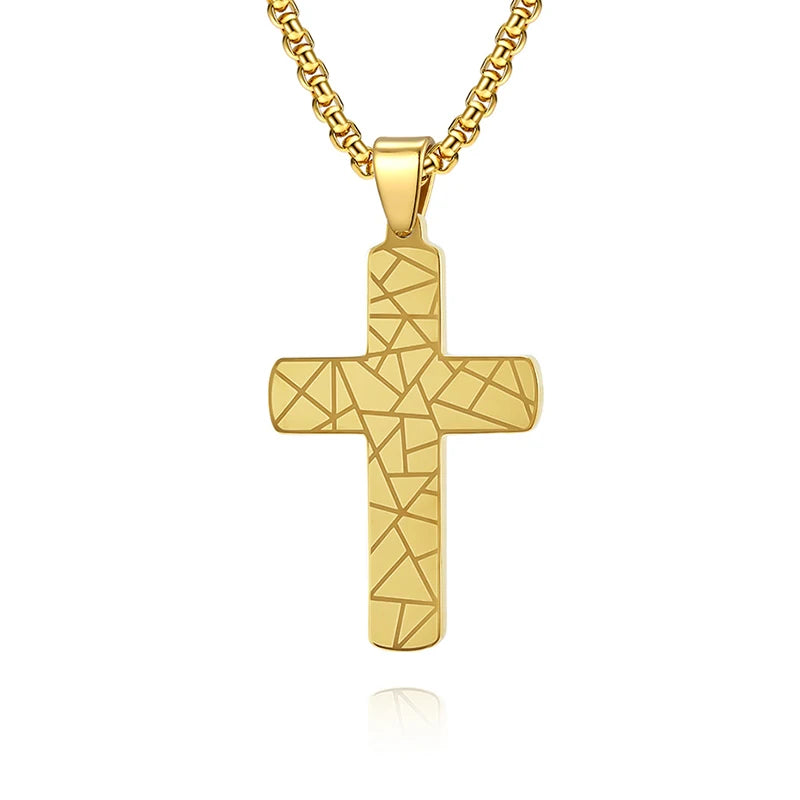Distinctive Gold Plated Necklace Textured Cross Pendant Religious Symbol Necklace for Him Her Resilient Style