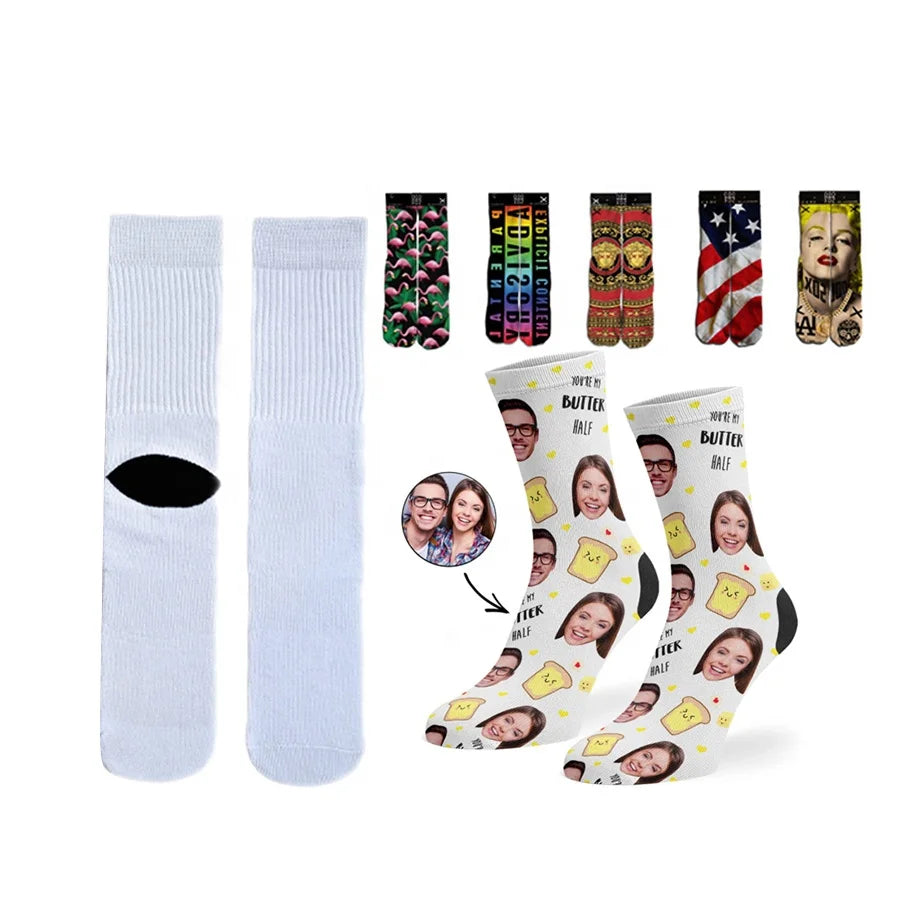 New Fashion Printing Polyester White Sublimation Screen Printed Socks for Men