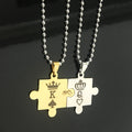 2Pcs/Set Men Women Fashion Stainless Steel Jewelry Puzzle Necklace King and Queen Crown Engraved Pendant Necklace for Couple
