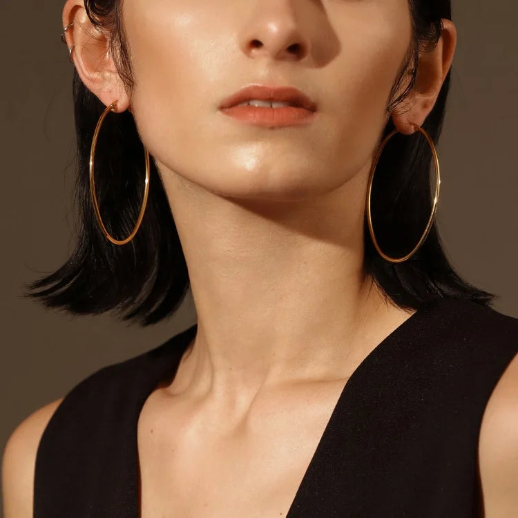 18K Gold Plated Stainless Steel Jewelry Simple Large Thin Line Oval Hoop Earrings E5476