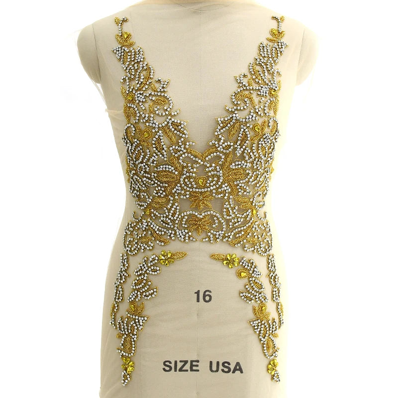 WDP-247 Keering Gold and Clear Handmade Large Patch Diamond Rhinestone Bodice Applique