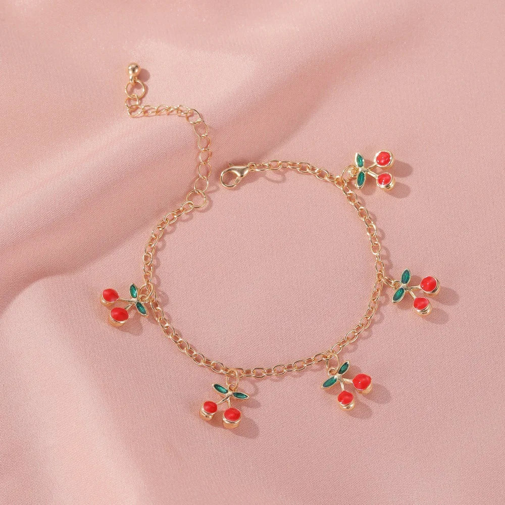 Fashion Sweet Gold Chain Bracelets Adjustable Bracelet Anklet Cute Red Little Cherry Anklets for Women Gifts