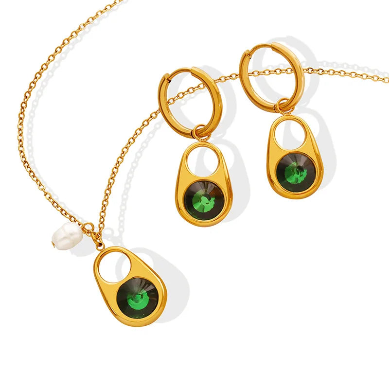 Ouj 2024 Luxury Women 316L Stainless Steel Statement Freshwater Pearl Emerald Zirconia Pendant Necklace Earrings Jewelry Set