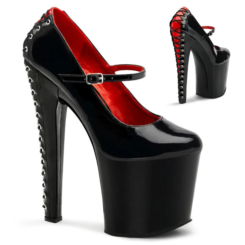 Black Round Head 20 cm Bandage Ultra-high Heel Platform Fashion Pole Dance Women's High Heels Striptease Shoes