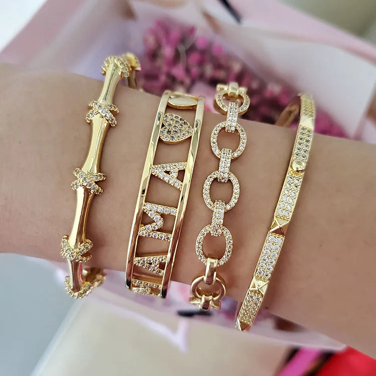 BC2024  Gold Plated CZ Micro Pave Mama Hamsa Hand Heart Link Cuff Bangle Bracelet