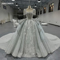 Luxury Dubai Gray Blue Ball Gown Wedding Dress  Arabic Muslim Lace Appliques Chapel Train Mn264