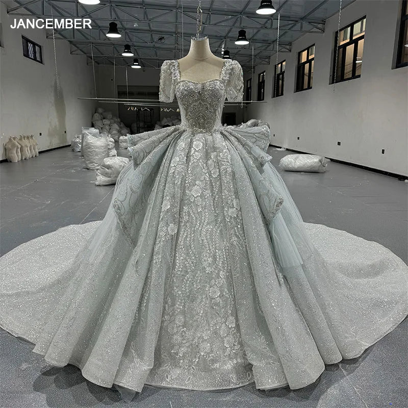 Luxury Dubai Gray Blue Ball Gown Wedding Dress  Arabic Muslim Lace Appliques Chapel Train Mn264