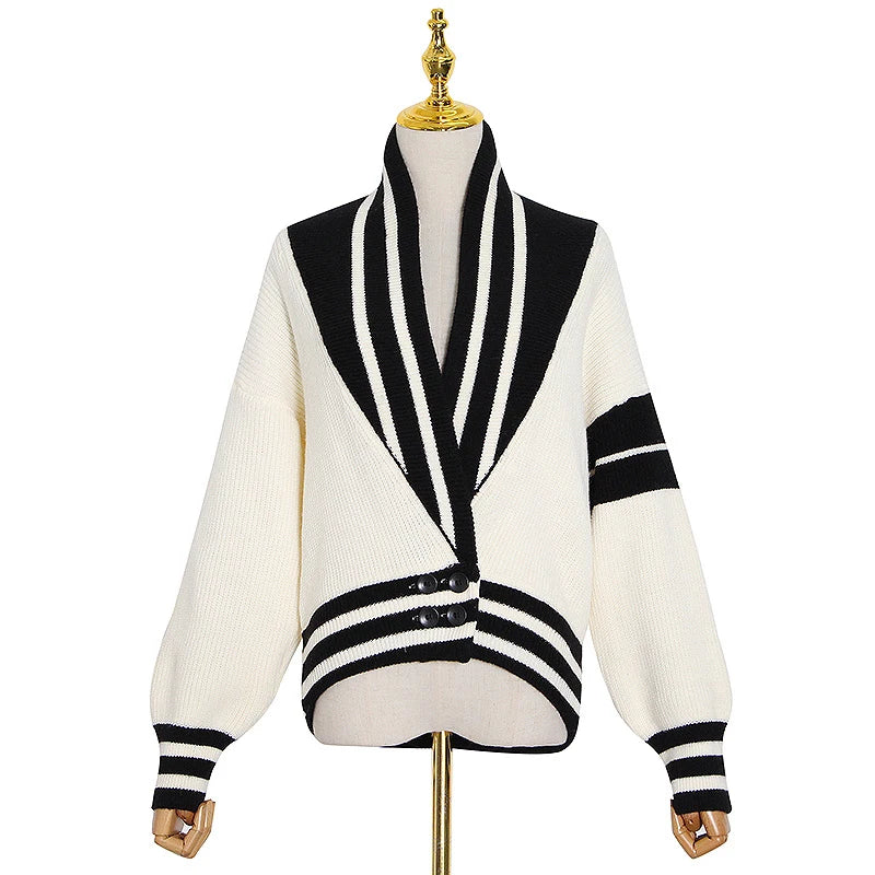 TWOTWINSTYLE New V Neck Long Sleeve Hit Color Patchwork Striped Knitting Jackets for Women