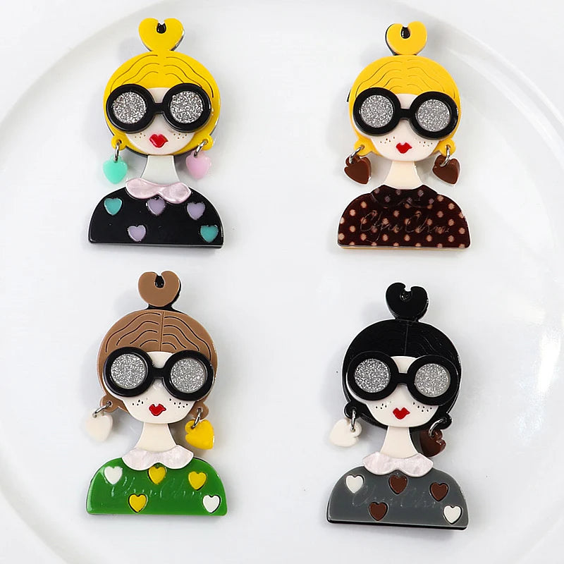 Fashion Mix Heart Earrings Cute Girl Pin Bun Head Gentle Lapel Colored Spotted Sweater Corsage Sequin Glasses Acrylic Brooch